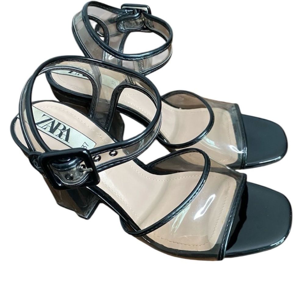 Zara Women’s Size 6.5 Clear Vinyl Transparent Block 4” Heel Shoes Buckle Strap